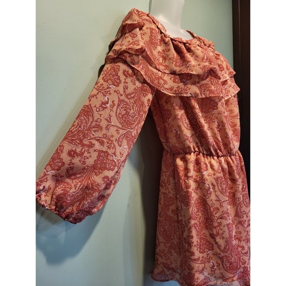 Express Chiffon Long Sleeve Romper Peach Paisley Lined Sz M - Picture 3 of 8